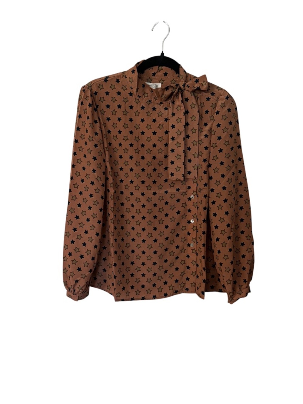 Tulip B Women’s Brown Tie Mock Neck  Star-Print Long Sleeve Blouse Sz XL NWT